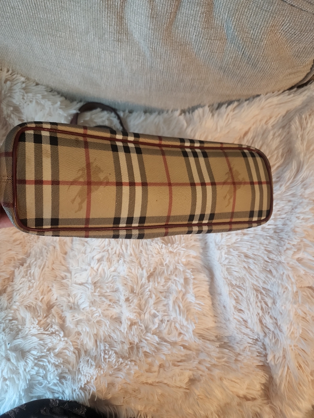 Classic Check Canvas Tote Bag with Burgundy Handles - Picture 2 of 11
